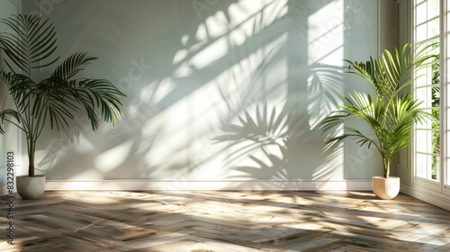 Sun-drenched room with natural shadows from leaves on the walls  featuring an empty wooden parquet floor  perfect for product or interior design mock-ups.