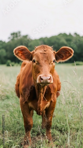 Brown cow standing in a grassy field. Farm animal in nature. Concept of agriculture, livestock, rural life, eco-friendliness
