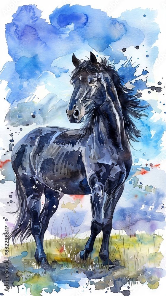 Obraz premium Black horse galloping across a vibrant watercolor landscape. Concept of nature, freedom, dynamic movement, artistic expression. Aquarelle painting with blue and earth tones