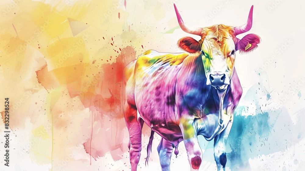 Fototapeta premium Vivid watercolor painting of a colorful bull with splashes on an abstract background. Concept of art dairy farming aesthetic design and nature illustration