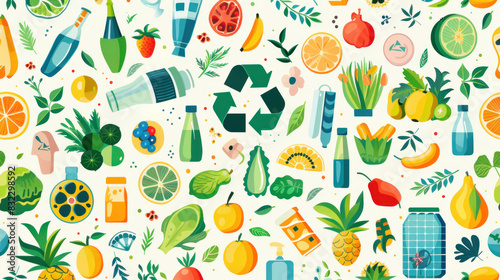 Vibrant eco-friendly icons representing recycling, organic produce, solar panels, and water conservation, displayed in a seamless vector style.