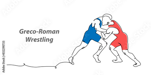 Greco roman wrestling vector background, banner, poster. One continuous line art drawing illustration of wrestling sport