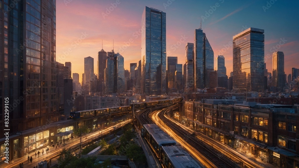 Fototapeta premium Bustling cityscape at dusk. Warm glow of setting sun casts soft light on skyscrapers. Prominent elevated train track snakes through foreground, leading to busy station filled with passengers.