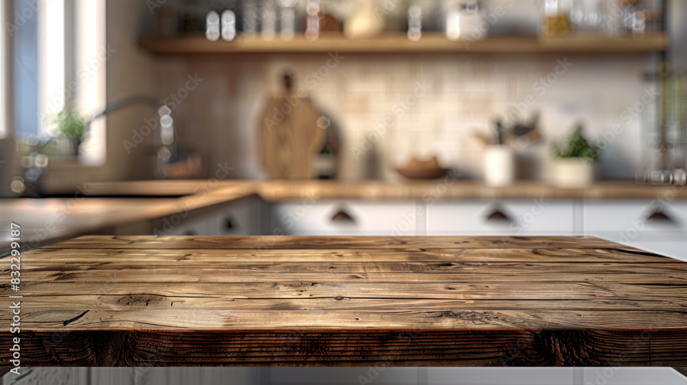 Wooden table top with a smooth finish on a blurred kitchen background, perfect for mock-ups, product displays, or design layouts, offering an inviting and versatile space. Wooden table top with a smooth finish on a blurred kitchen background, perfect for mock-ups, product displays, or design layouts, offering an inviting and versatile space.