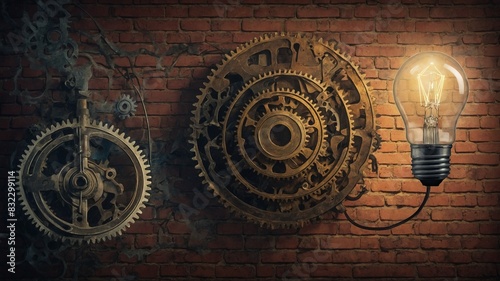 Vintage light bulb illuminates against brick wall  connected to intricate network of interlocking metal gears. This suggests concept of idea  innovation being powered by machinery.