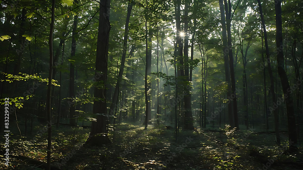 Obraz premium tranquil forest with sunlight filtering through the trees