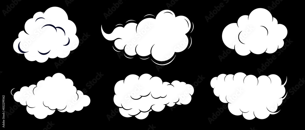 Simple collection of cartoon clouds. Abstract white clouds on a black background. vector illustration. Simple collection of cartoon clouds. Abstract white clouds on a black background. vector illustration.