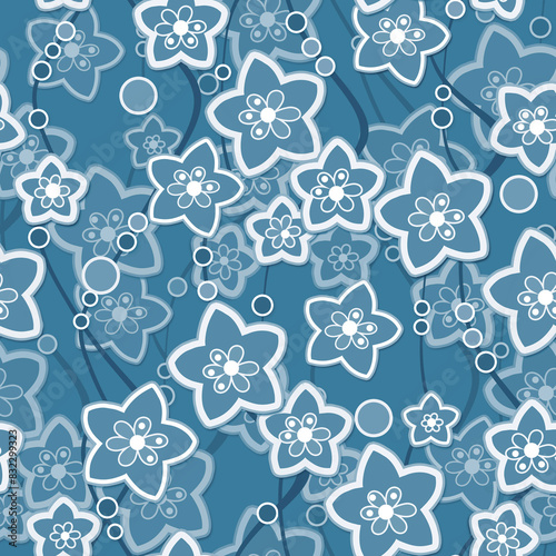 Seamless abstract floral retro flowers summer patterm blue white background