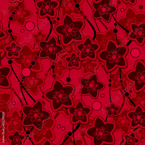 Seamless abstract floral retro flowers summer patterm red black background