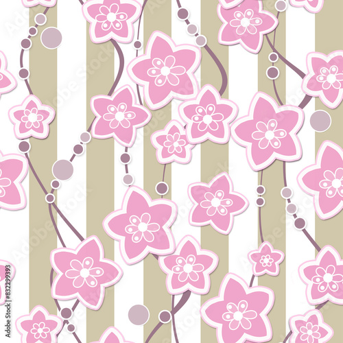 Seamless abstract floral retro flowers summer patterm white pink beige background