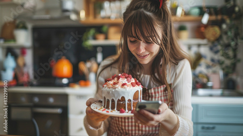Young woman photographing a beautifully iced cake in her kitchen  using her mobile phone to share her baking process and final products with friends and followers.