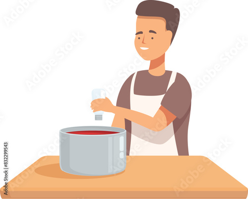 Happy young adult man cooking with enthusiasm and joy in the kitchen. Wearing an apron and stirring a pot of homemade soup on the stove