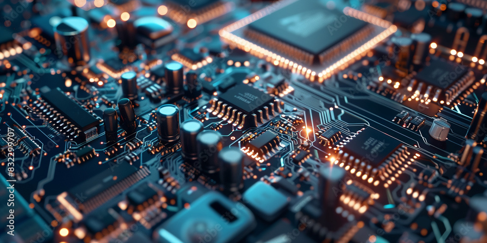 A close up of a computer chip with a lot of small parts A close up of a computer chip with a lot of small parts