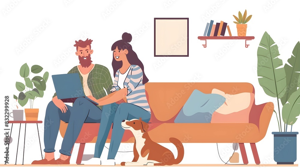 Happy couple using laptop and sitting near dog at home Happy couple using laptop and sitting near dog at home