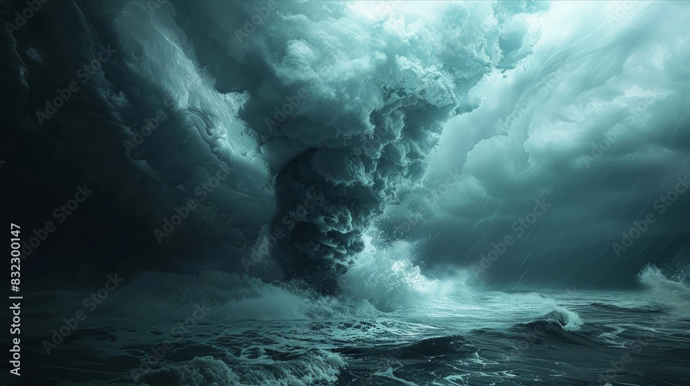 Fototapeta premium Dramatic tornado forming over stormy waters creating intense weather spectacle