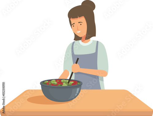 Illustration of a smiling young woman mixing a fresh salad in a bowl on a kitchen counter