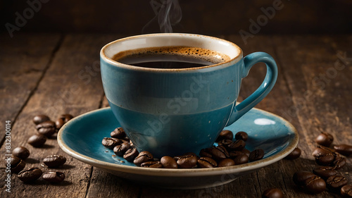 A rustic wooden table holds a blue coffee cup and saucer  surrounded by scattered coffee beans.