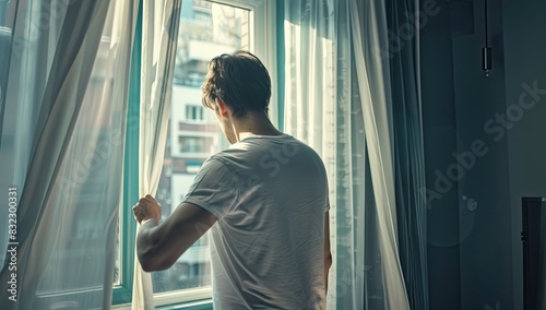 a image of a man looking out a window at a city