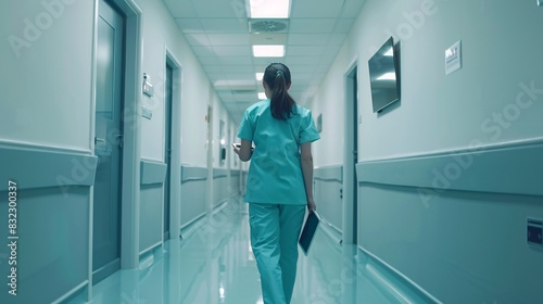 Female Doctor Wearing Scrubs In Hospital Corridor Using Digital Tablet