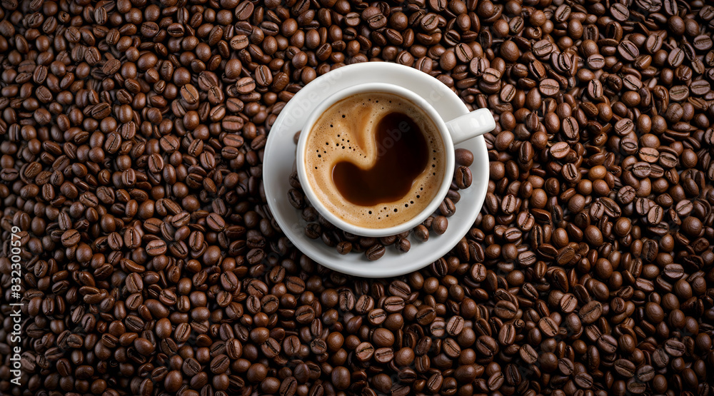 A top-down view of a cup of coffee placed on a saucer, surrounded by a backdrop of roasted coffee beans.
