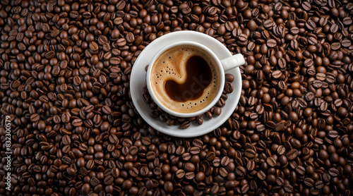 A top-down view of a cup of coffee placed on a saucer  surrounded by a backdrop of roasted coffee beans.