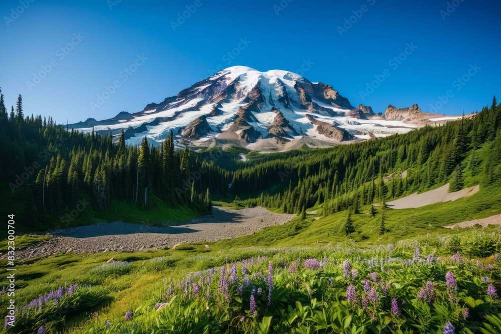 Fototapeta premium Noon at Mount Rainier with High Contrast Summer Landscape