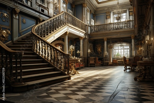 Virtual reality tour showing the interior of a famous historical building, focus on, tour theme, ethereal, blend mode, historical building backdrop