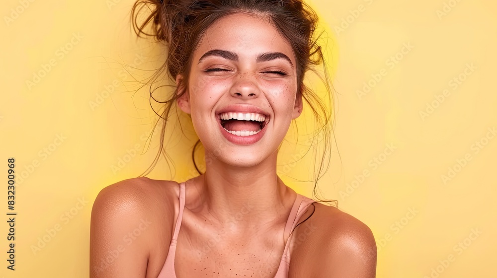 Cutest fitness model in a happy mood, grinning widely, isolated on a pastel yellow background Cutest fitness model in a happy mood, grinning widely, isolated on a pastel yellow background
