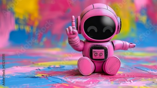 Smiling cute robot pointing at empty space, ideal for creative designs and concepts