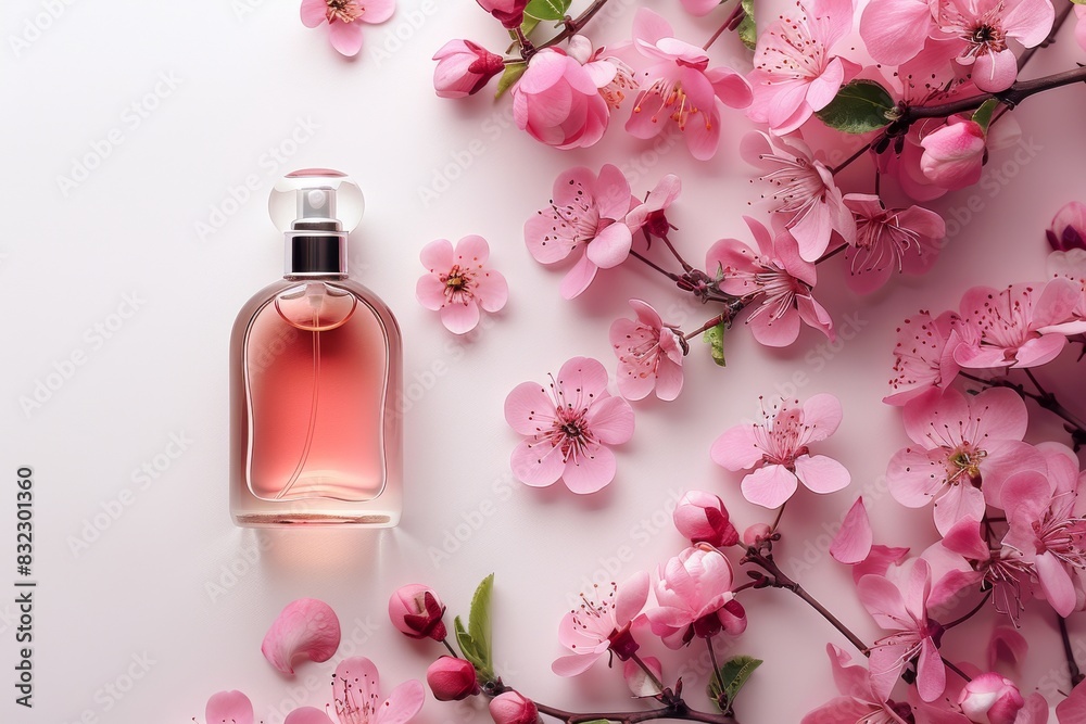 Φωτογραφία Banner top view of a luxurious bottle of women's perfume on the background of a