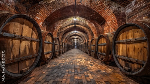 A mesmerizing arrangement of weathered wooden wine barrels displayed in symmetry amid the curved brick walkways of a nostalgic underground wine cellar suggesting a storied past in winemakin