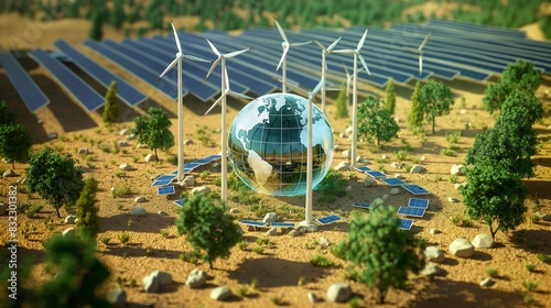 A conceptual view of a glass globe surrounded by a circle of renewable energy sources like miniature wind turbines and solar panels  set in a sunny  open field.