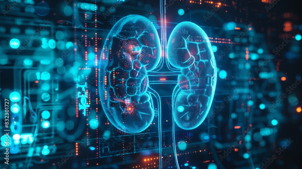 Advanced 3D rendering of human kidneys in a dark futuristic theme for scientific research. Advanced 3D rendering of human kidneys in a dark futuristic theme for scientific research.