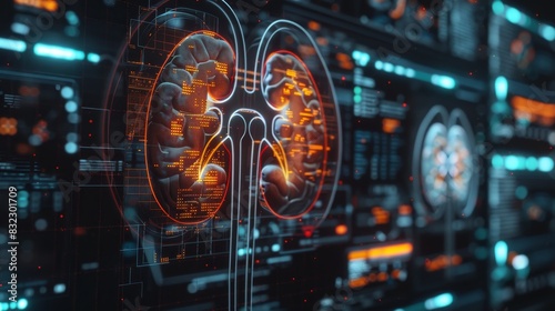 Dark 3D futuristic model of human kidneys with scientific data overlay.