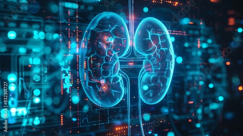 Advanced 3D rendering of human kidneys in a dark futuristic theme for scientific research.