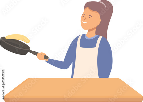 Illustration of a smiling woman skillfully flipping a pancake in a home kitchen setting