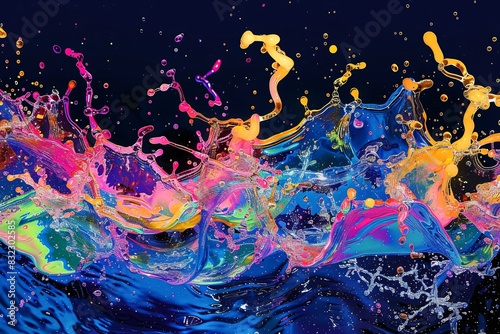 Vibrant abstract background with explosive neon paint splatters and reflective water surface  capturing artistic chaos and creativity in a mesmerizing pattern