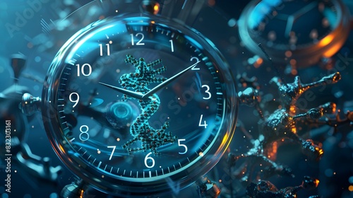 Telomere shortening visualized as a ticking clock within industrial machinery, representing the finite lifespan of cells, while scientists work tirelessly to extend cellular longevity and preserve tel photo