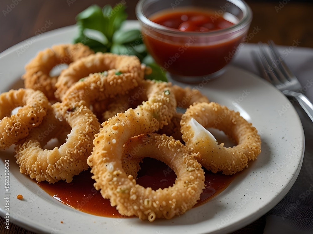 Plate of crispy calamari rings with a side of marinara sauce, perfect appetizer genertive AI Plate of crispy calamari rings with a side of marinara sauce, perfect appetizer genertive AI