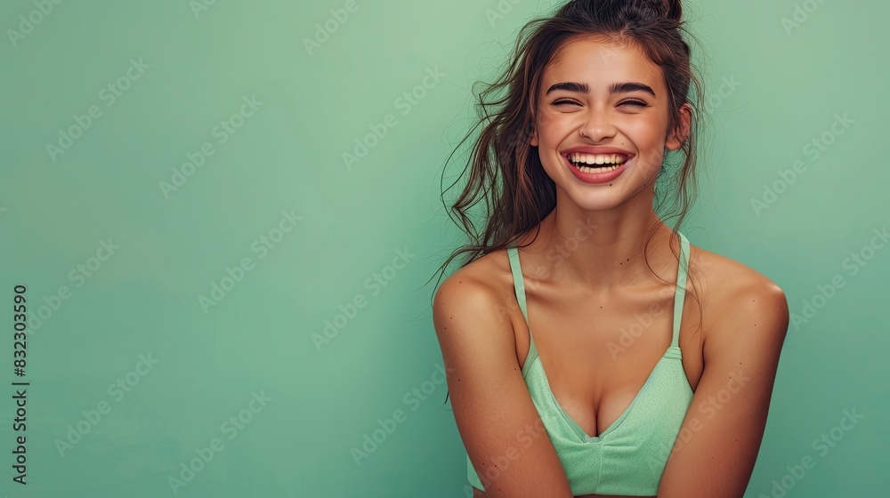 Cutest fitness model in a happy mood, beaming with joy, isolated on a seafoam green background Cutest fitness model in a happy mood, beaming with joy, isolated on a seafoam green background