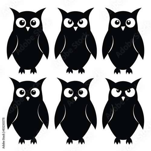 Set of Barred Owl animal black silhouettes vector on white background