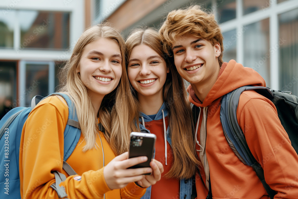 Fototapeta premium Group of friends in winter attire, smiling and taking a selfie outdoors.