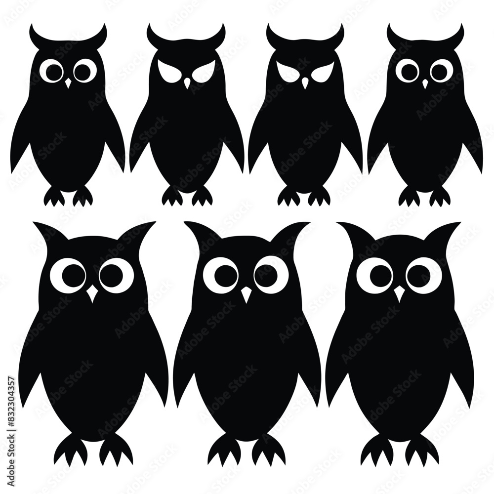 Set of Barred Owl animal black silhouettes vector on white background