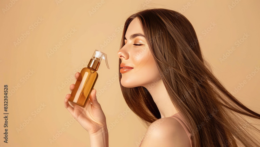 a image of a woman holding a bottle of liquid in her hand a image of a woman holding a bottle of liquid in her hand