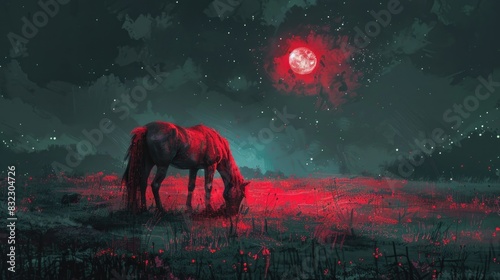 Glowing red horse in a foggy forest at night reflecting in a calm water surface