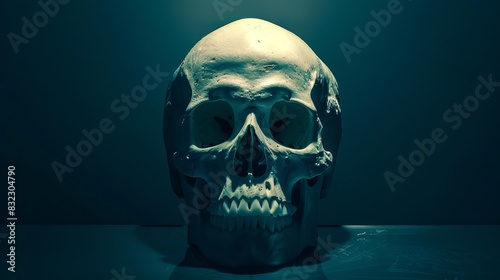 Human Skull on a Dark Background. Concept of anatomy, mortality, science, macabre art, Halloween