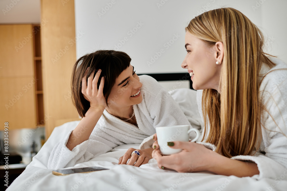 Two beautiful women in bath robes, laid beside each other on a cozy bed inside a hotel room, sharing a peaceful moment. Two beautiful women in bath robes, laid beside each other on a cozy bed inside a hotel room, sharing a peaceful moment.