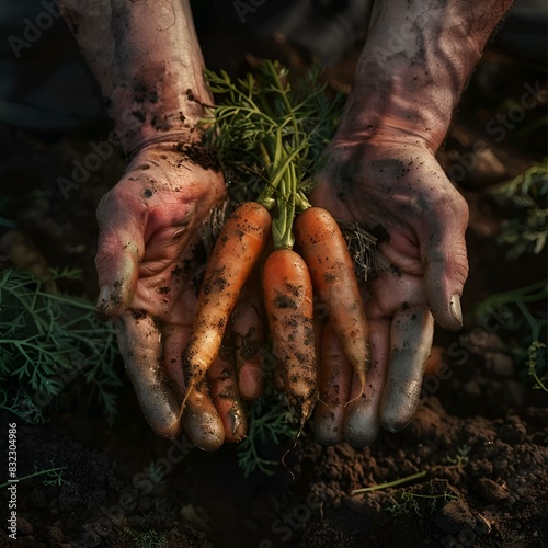 AI-generated illustration of Two pairs of hands offering carrots in the soil