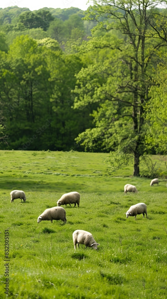 Sheep grazing in a misty meadow surrounded by forested mountains. Flock of sheep in a serene, foggy landscape. Rural scene, nature, agriculture, pastoral tranquility concept. Vertical Sheep grazing in a misty meadow surrounded by forested mountains. Flock of sheep in a serene, foggy landscape. Rural scene, nature, agriculture, pastoral tranquility concept. Vertical