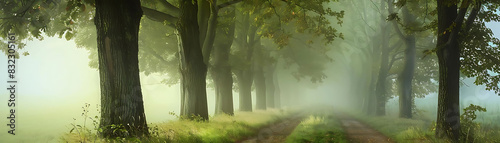 tranquil tree - lined path in a misty forest